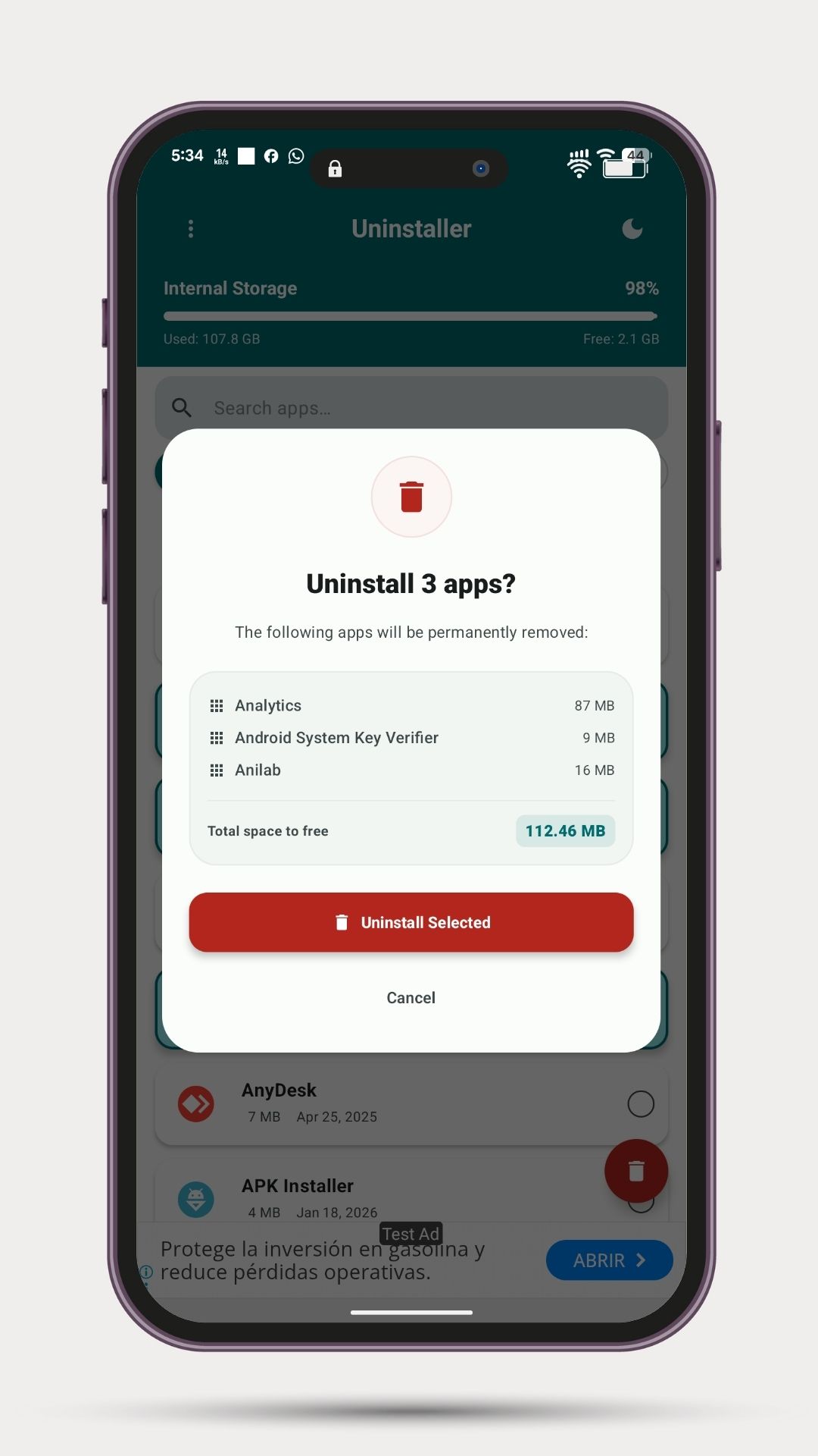 App detail with storage info